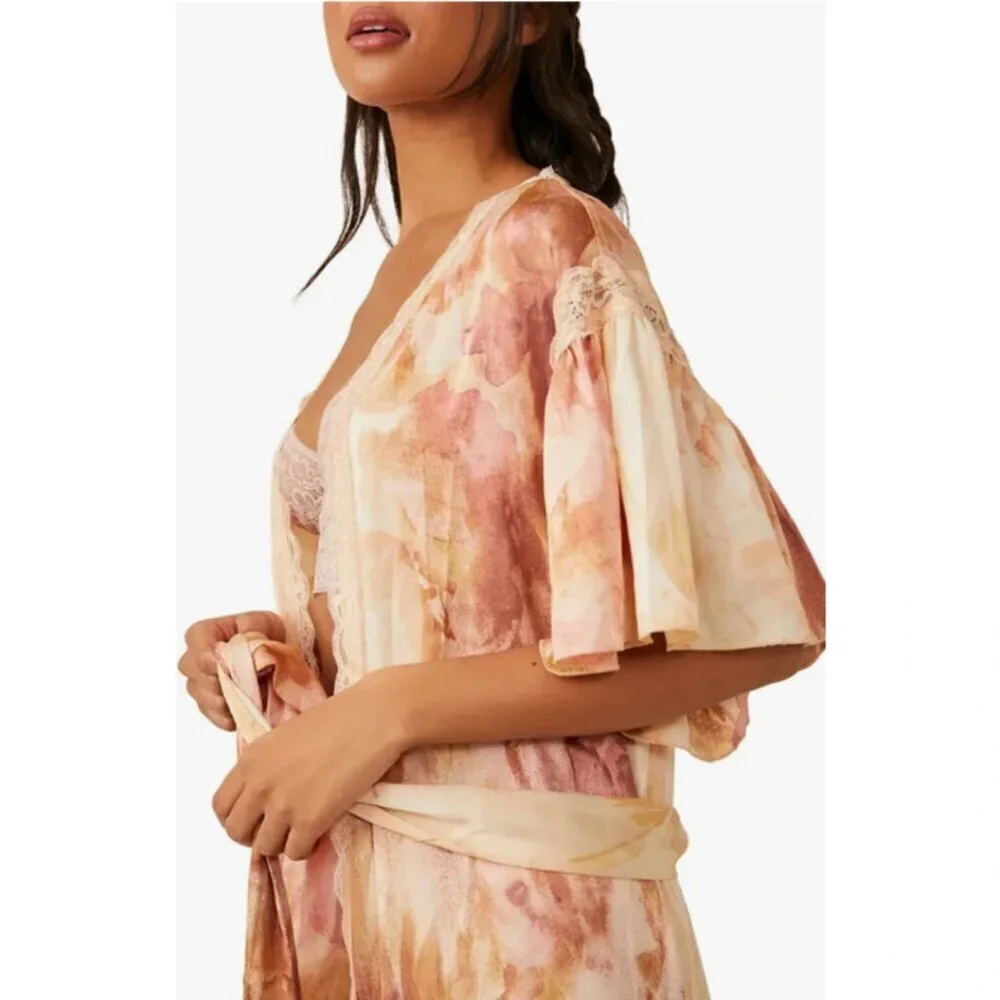NWOT Free People abstract tie dye print satin effect & lace accent washed robe - Picture 11 of 16